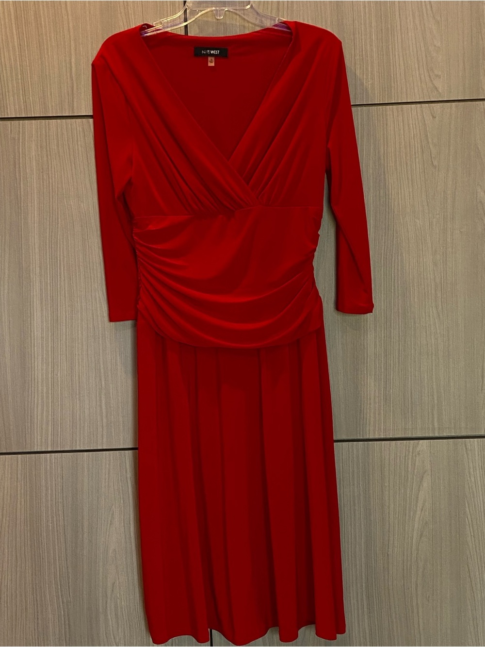 Nine West Dress Red Midi Surplice Bodice Drape Waist Fit & Flare Size 10